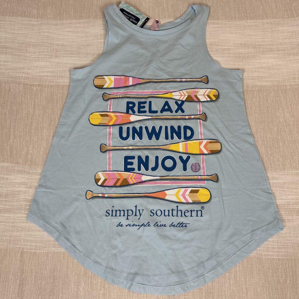 NEW Women's Simply Southern Relax Unwind Enjoy Small Blue Tank Top 100% Cotton S